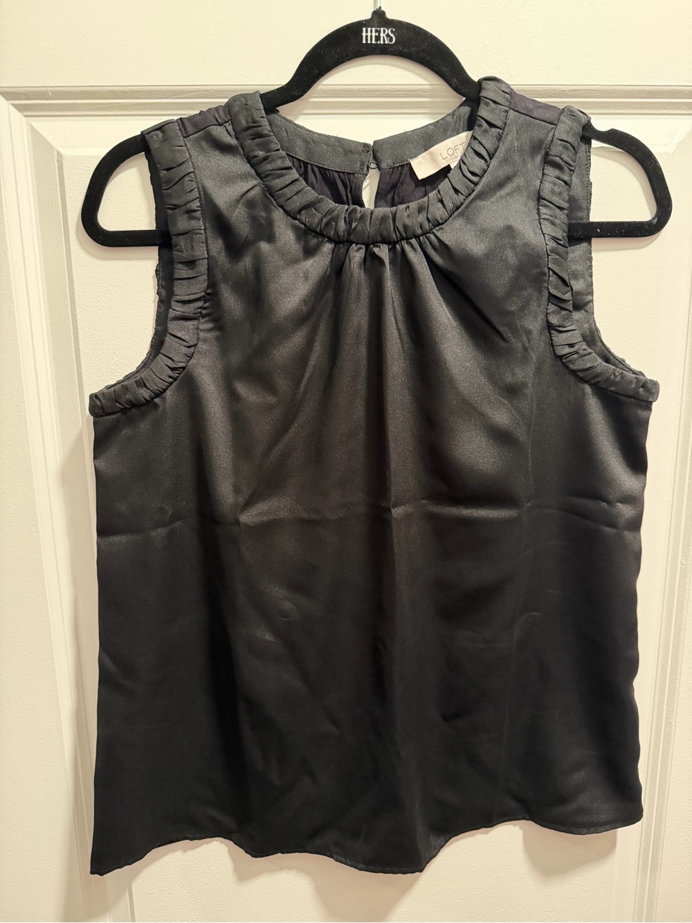 LOFT Black Satin Sleeveless Ruffle-Trim Top **NEVER WORN**